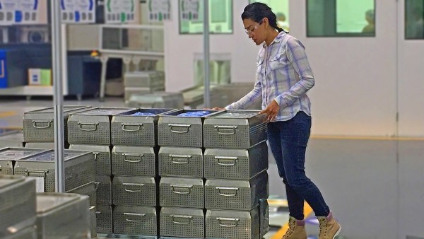 Research and Development Group Engineer Geraldy Santiago inspects bearings at Schaeffler’s manufacturing plant in Irapuato, Mexico