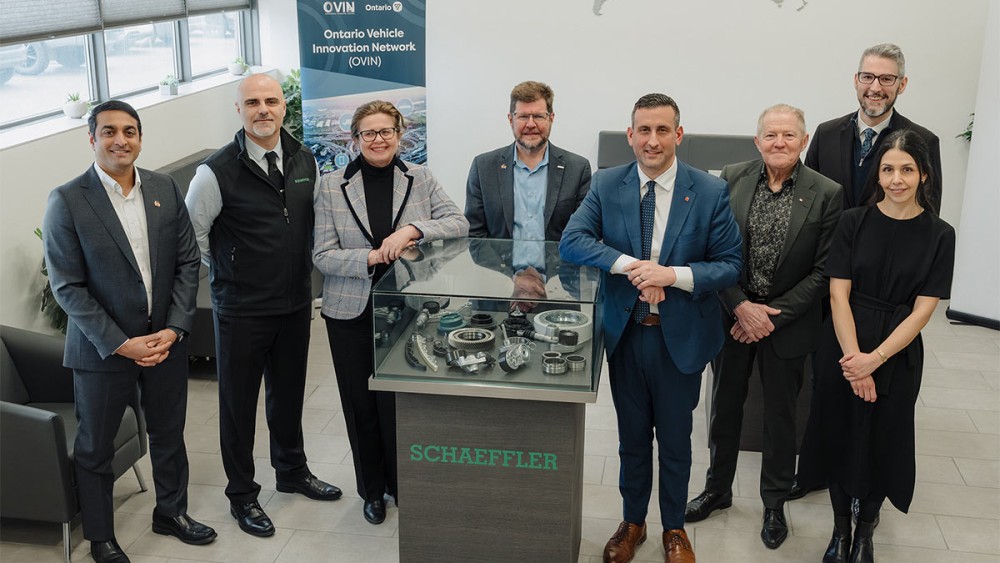From left to right: Anand Gandhi (Schaeffler), Srdjan Paunovic (Schaeffler), Claudia Krywiak (OCI), Jeff Hemphill (Schaeffler), Raed Kadri (OVIN), Martin Ritsma (Mayor of Stratford), Matthew Rae (MPP, Perth-Wellington), and Mona Eghanian (OVIN)